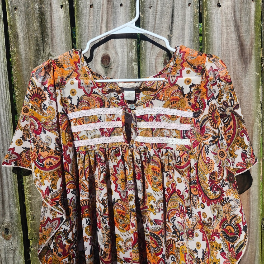 Fun & Flirt Womens Boho Paisley Babydoll Top Orange Red Butterfly Sleeve Large - Picture 4 of 9